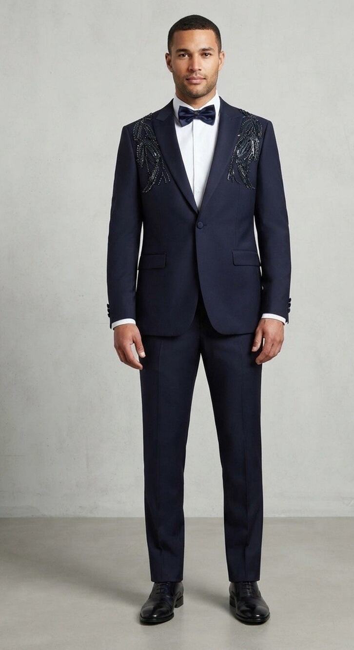 TORRES Mens Navy Suit US 42 EU 52 Beaded Sequin Embellished Jacket Pants Set T15